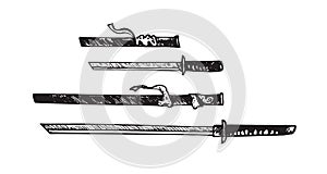 Katana and tantÃÂ with scabbards Japanese swords set, hand drawn doodle sketch, isolated outline illustration